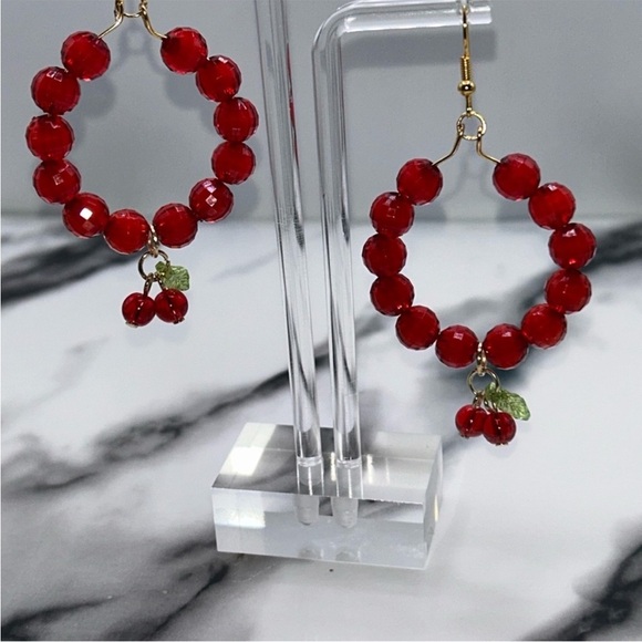 Vibrant Red Beaded Earrings - Picture 2 of 2